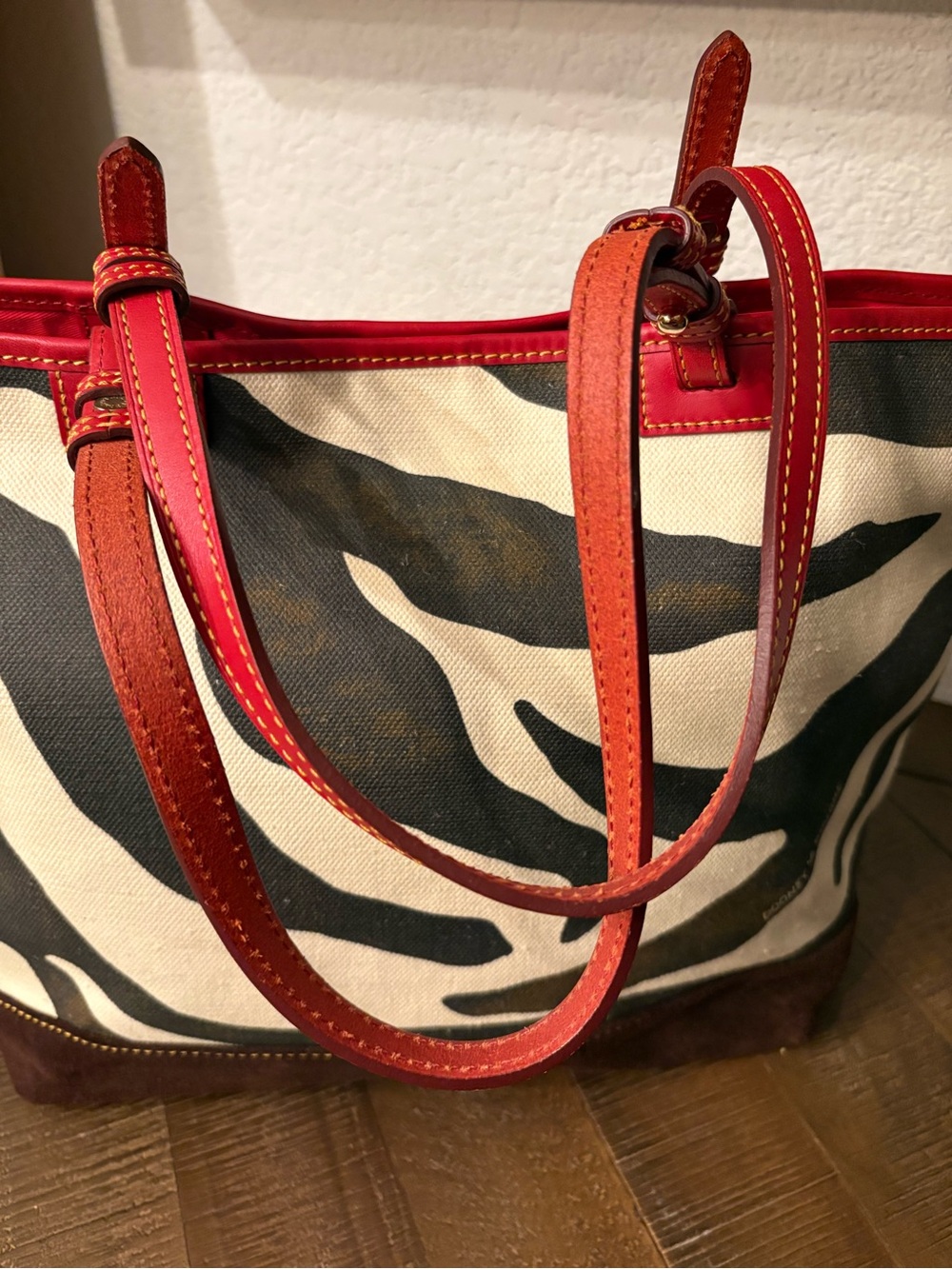 Dooney & Bourke Zebra Print Lee Tote Red Leather & Suede - Picture 9 of 13